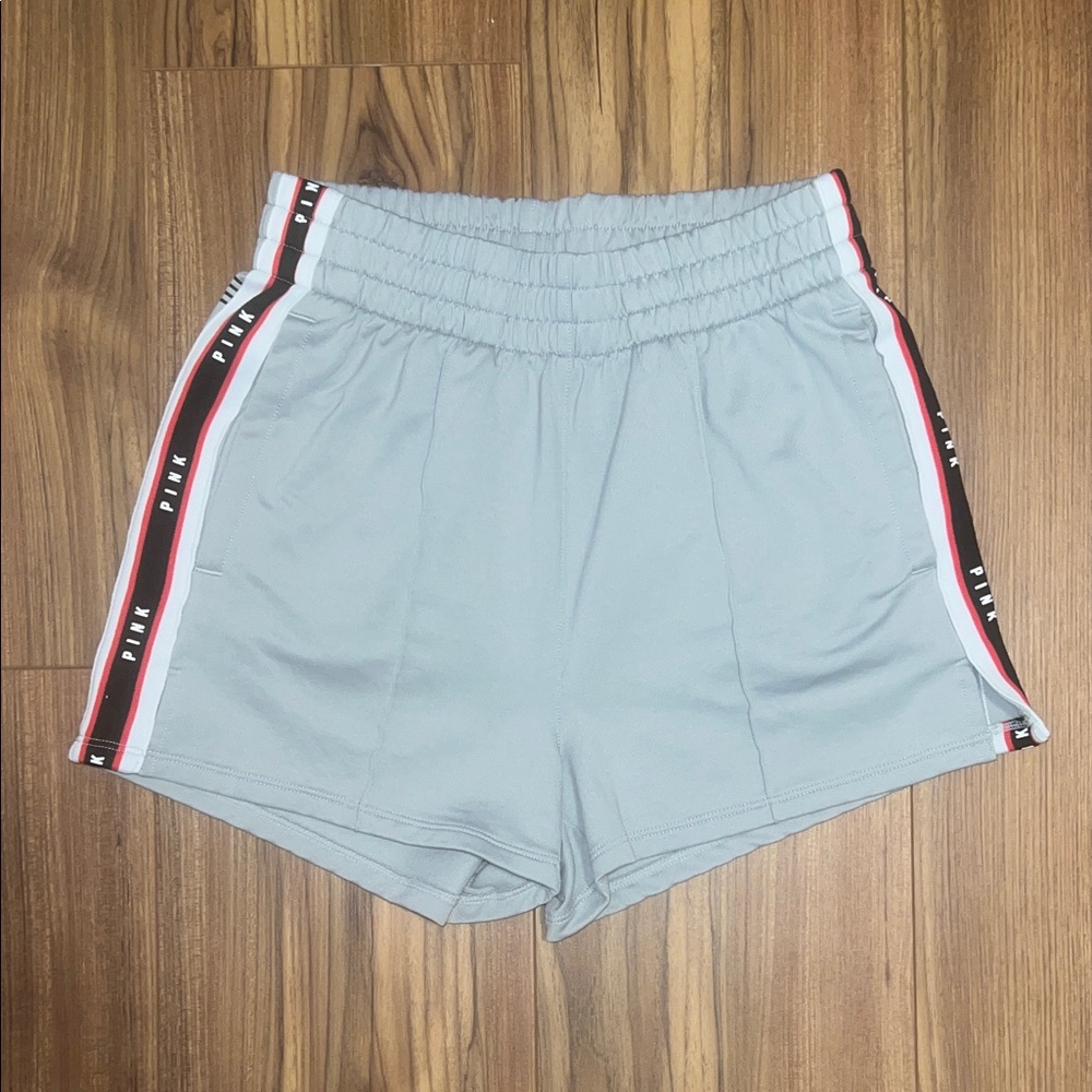 PINK Victoria's Secret Light Gray Athletic Shorts with Red & Black Side Stripes
